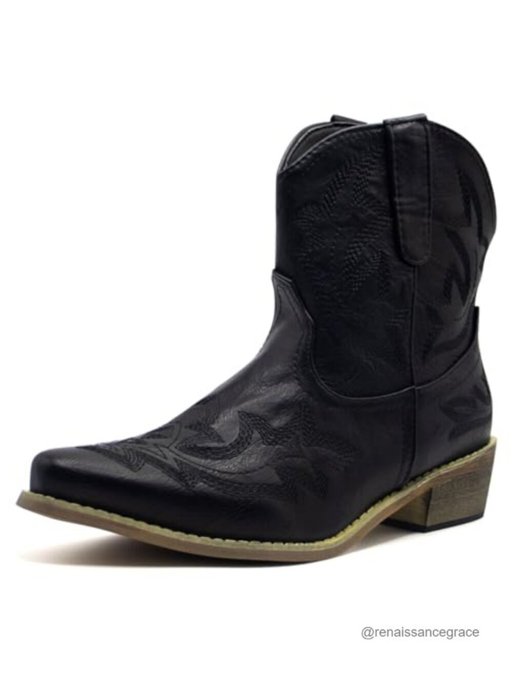 Western Cowgirl Ankle Booties Pointed Toe Chunky Heel Embroidered Leather